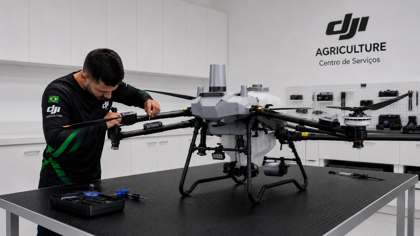 Técnico especializado realizando manutenção em drone DJI Agriculture